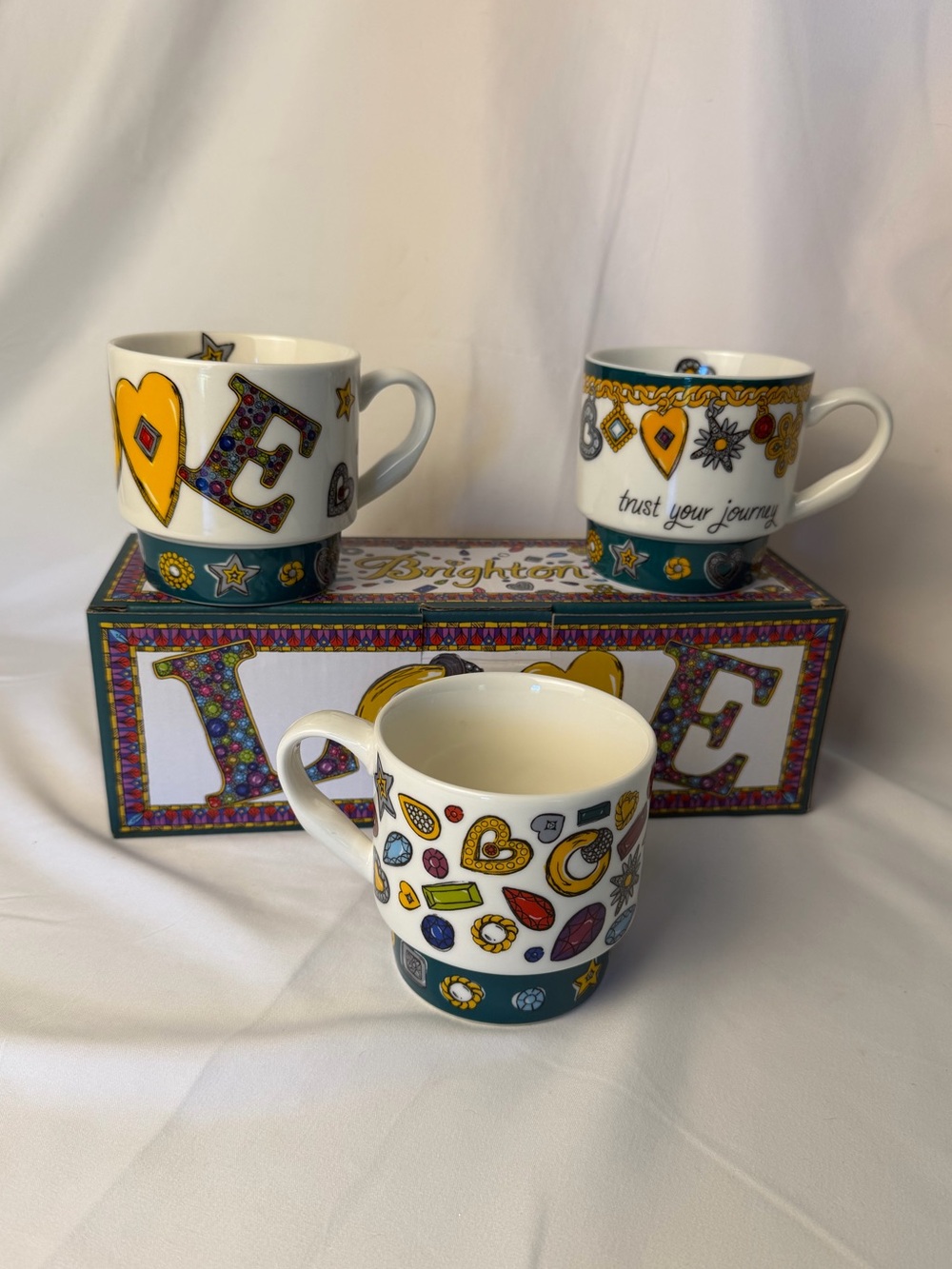 Brighton ALL YOU NEED IS LOVE Trust Your Journey Jeweled Ceramic Mugs Set of 3